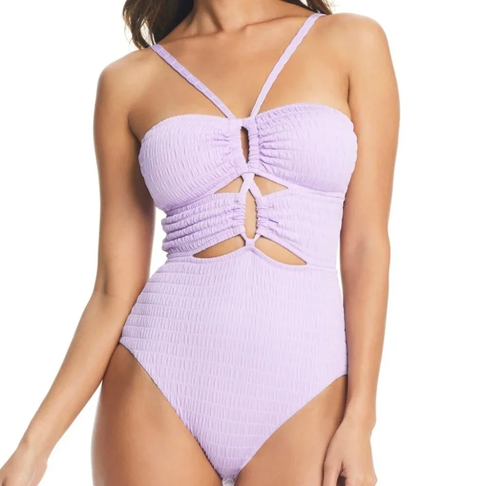 Bar III Pucker up Textured Key Lavender Haze One-Piece Swimsuit